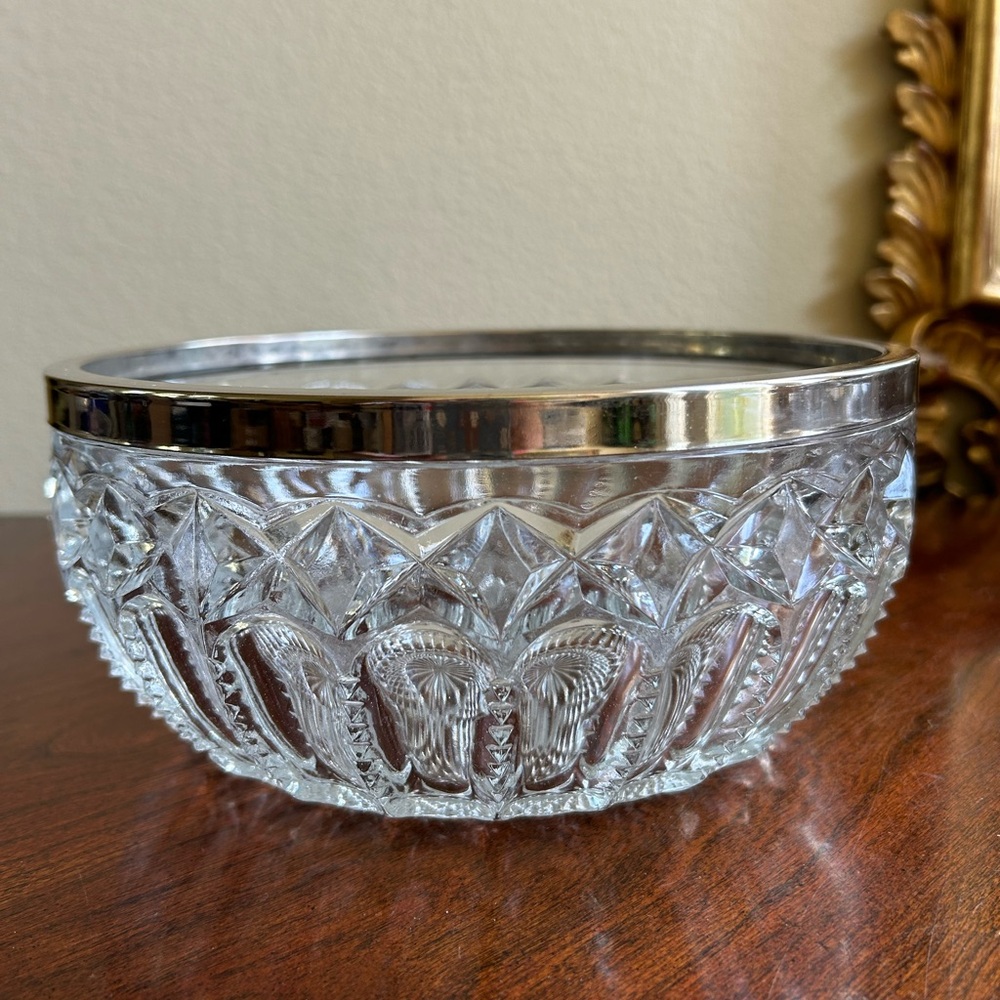 Vintage Germany pressed glass bowl with silver rim